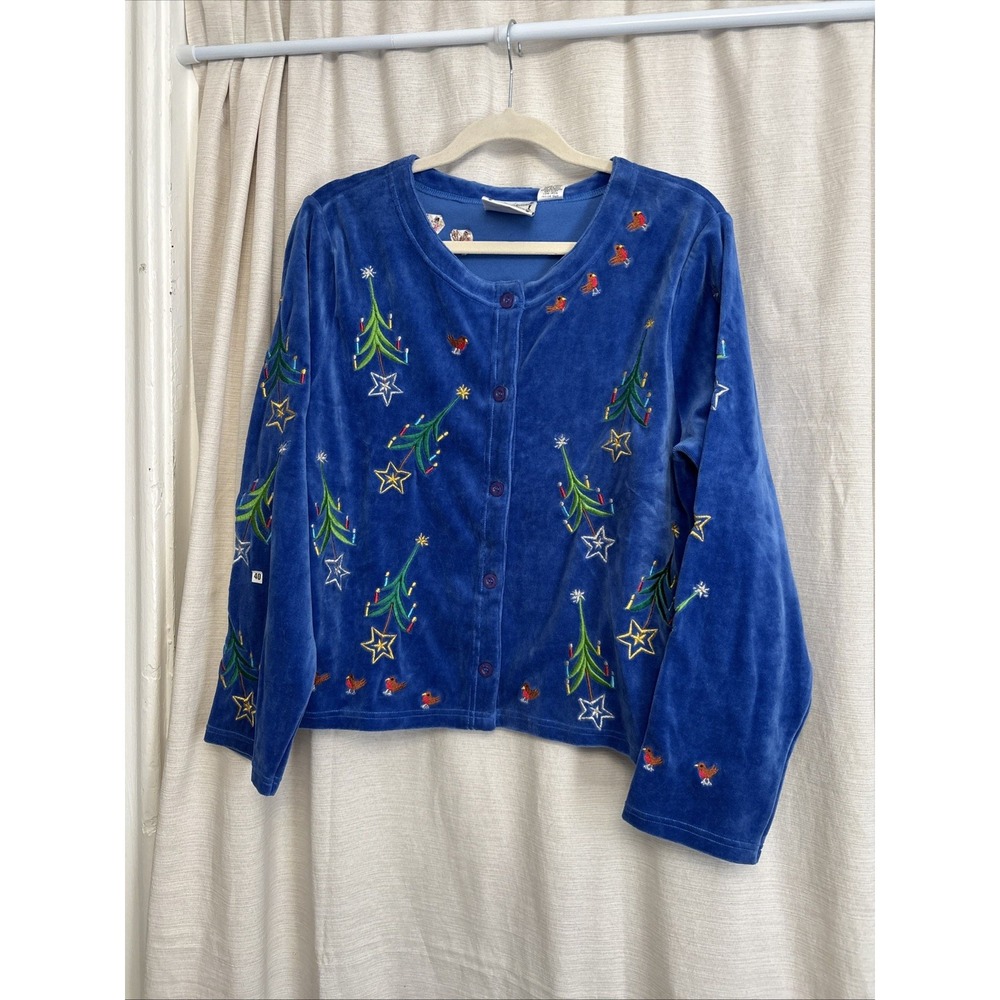 Vintage Michael Simon Lite M Velvet Embroidered Christmas Sweater Grandmacore